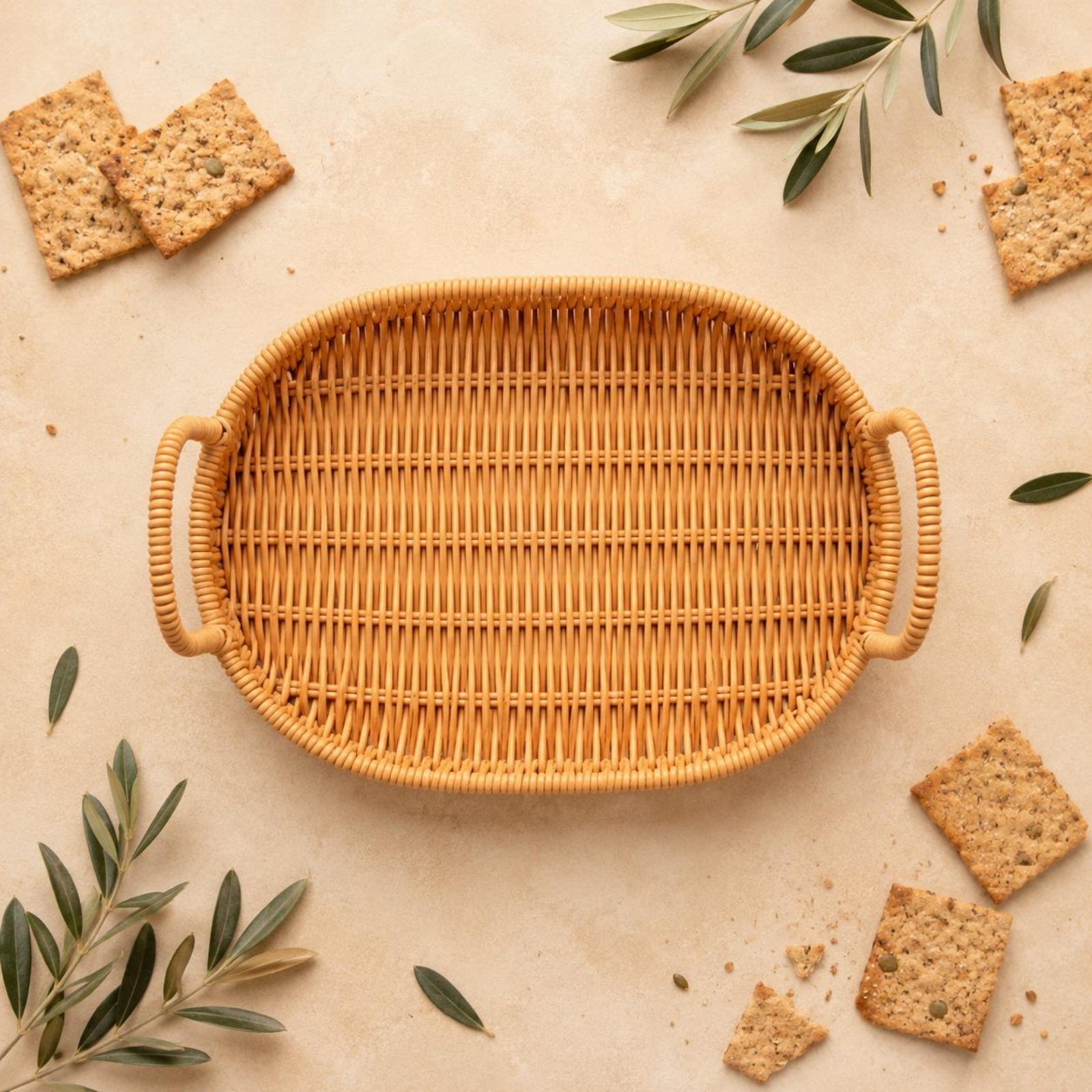 Rattan Tray Handle - Nampan Sajian Anyaman dengan Pegangan Lingkaran,
