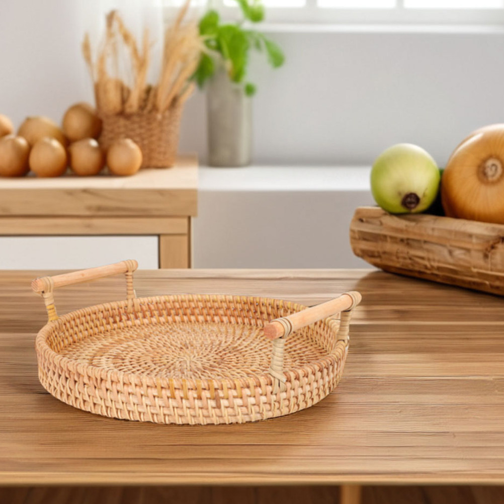 Nampan Rotan Bulat 32Cm Buatan - Rattan Tray Handle ulasan dan harga